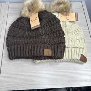 C C Beanie - Pom Pom Beanie - Brown and Cream